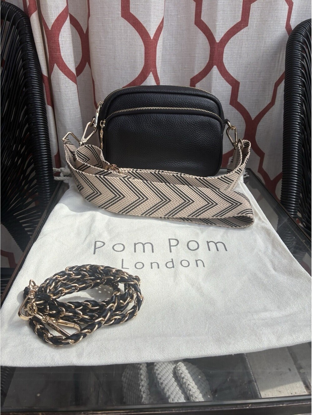 Pom Pom London Black Pebbled Leather Crossbody Bag 2 Straps Dust Bag EUC